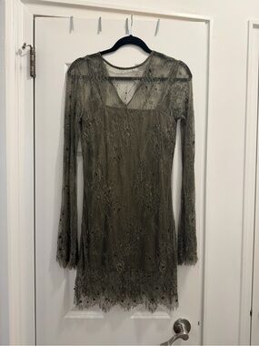 Mango Olive Green Lace Long-Sleeve Dress